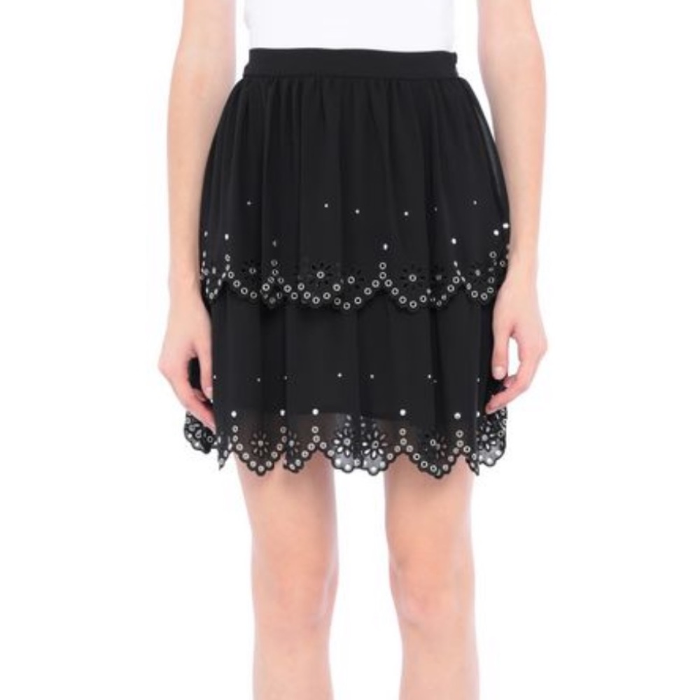 Michael Khors ruffled open work embroidery metallic studded black skirt